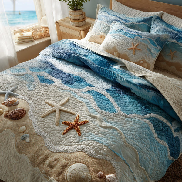 Ocean Breeze quilted 3-piece bedding set on a made bed in a light coastal bedroom