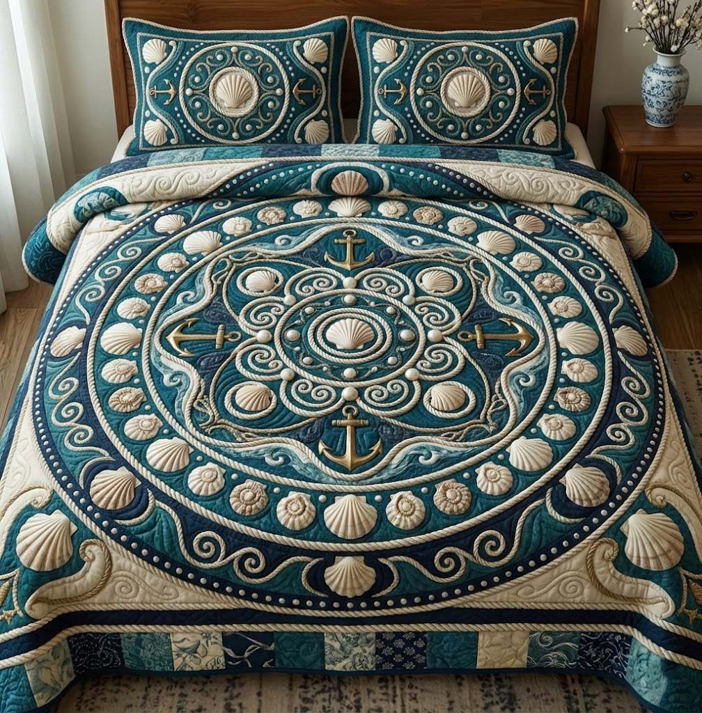 Ocean Breeze quilted 3-piece bedding set on a made bed in a light coastal bedroom
