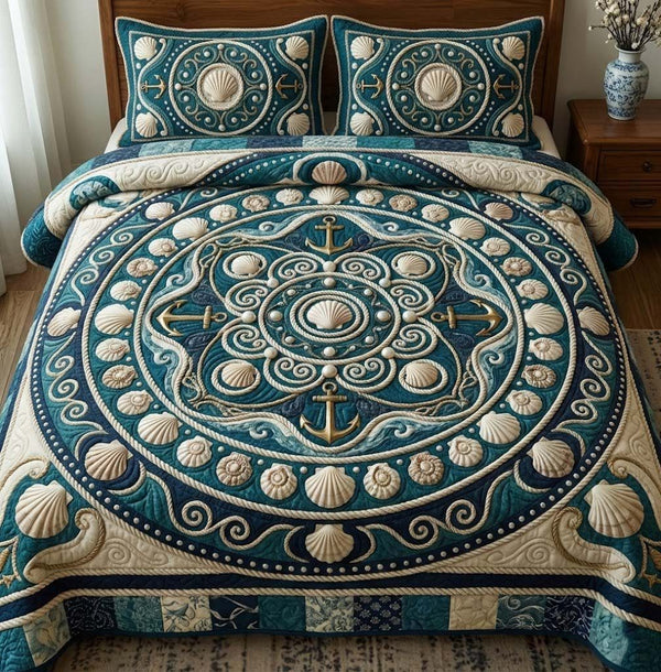 Ocean Breeze quilted 3-piece bedding set on a made bed in a light coastal bedroom