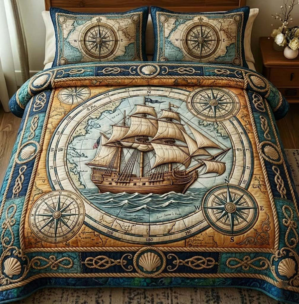 Ocean Breeze quilted 3-piece bedding set on a made bed in a light coastal bedroom