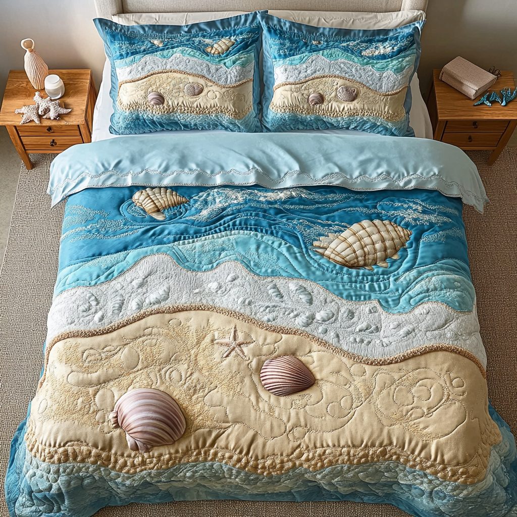 Ocean Breeze quilted 3-piece bedding set on a made bed in a light coastal bedroom