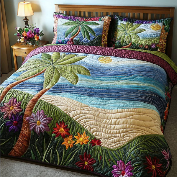 Ocean Breeze quilted 3-piece bedding set on a made bed in a light coastal bedroom