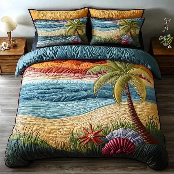 Ocean Breeze quilted 3-piece bedding set on a made bed in a light coastal bedroom