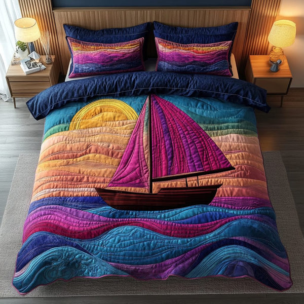 Ocean Breeze quilted 3-piece bedding set on a made bed in a light coastal bedroom