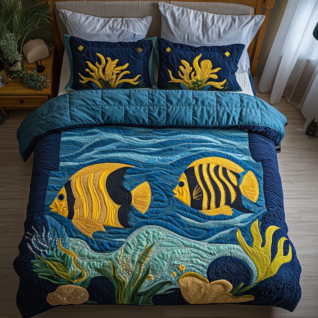 Ocean Breeze quilted 3-piece bedding set on a made bed in a light coastal bedroom