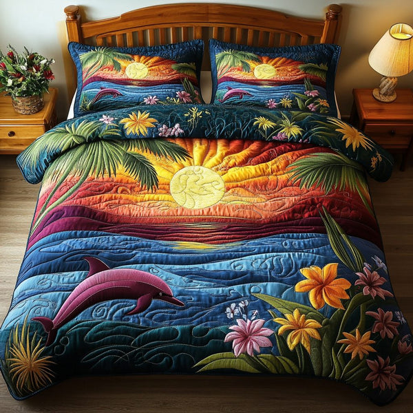Ocean Breeze quilted 3-piece bedding set on a made bed in a light coastal bedroom