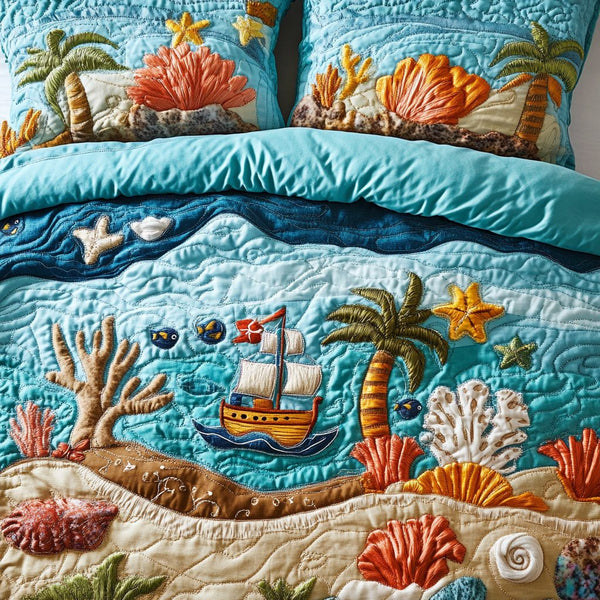 Ocean Breeze quilted 3-piece bedding set on a made bed in a light coastal bedroom