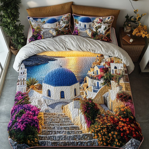Ocean Breeze quilted 3-piece bedding set on a made bed in a light coastal bedroom