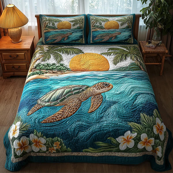 Ocean Breeze quilted 3-piece bedding set on a made bed in a light coastal bedroom