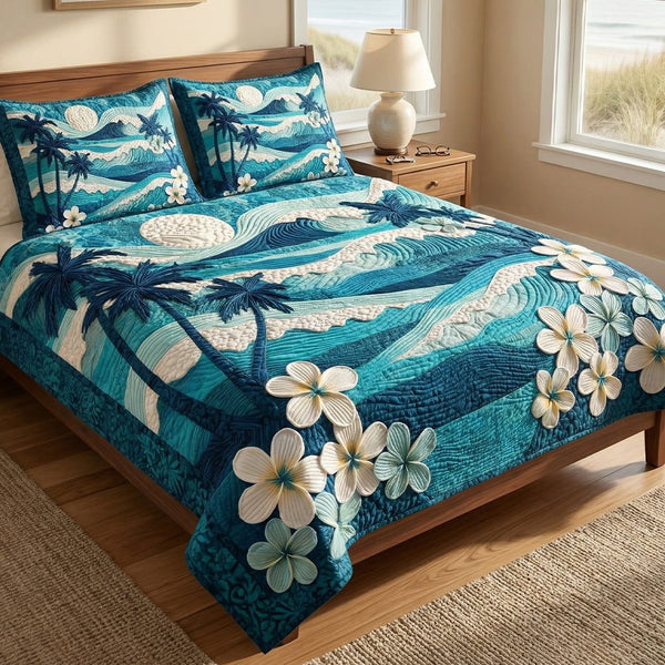 Ocean Breeze quilted 3-piece bedding set on a made bed in a light coastal bedroom