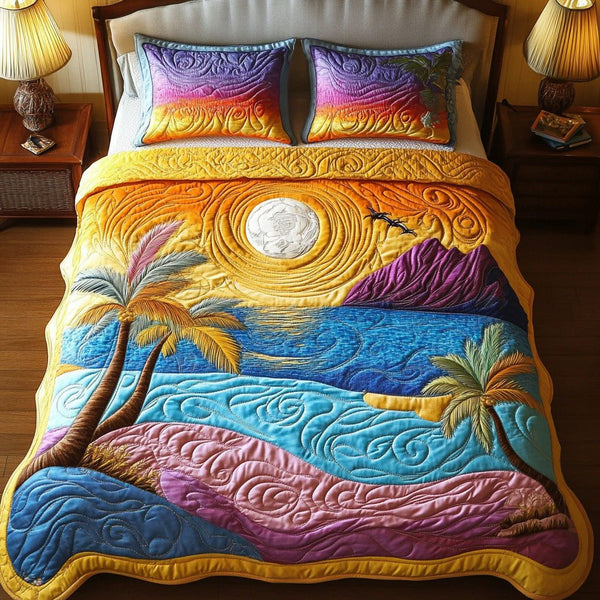 Ocean Breeze quilted 3-piece bedding set on a made bed in a light coastal bedroom