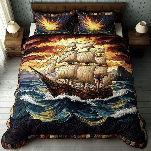 Ocean Breeze quilted 3-piece bedding set on a made bed in a light coastal bedroom