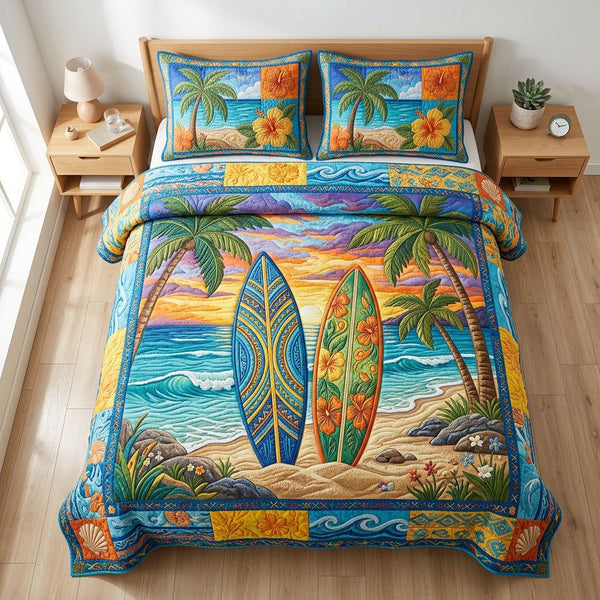 Ocean Breeze quilted 3-piece bedding set on a made bed in a light coastal bedroom