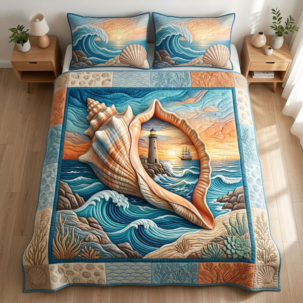 Ocean Breeze quilted 3-piece bedding set on a made bed in a light coastal bedroom