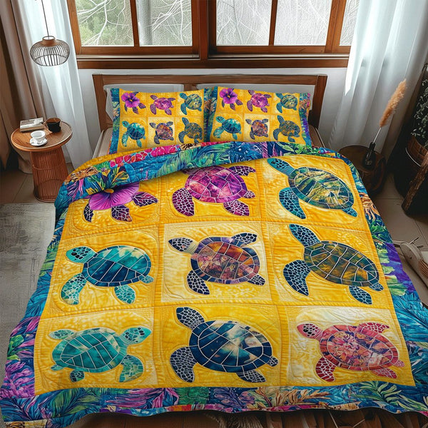 Ocean Breeze quilted 3-piece bedding set on a made bed in a light coastal bedroom