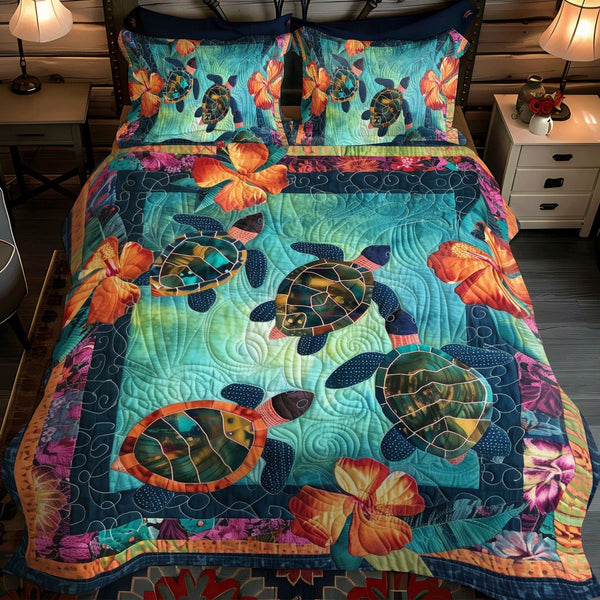 Ocean Breeze quilted 3-piece bedding set on a made bed in a light coastal bedroom