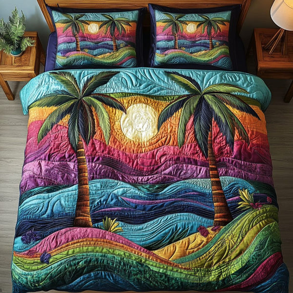 Ocean Breeze quilted 3-piece bedding set on a made bed in a light coastal bedroom