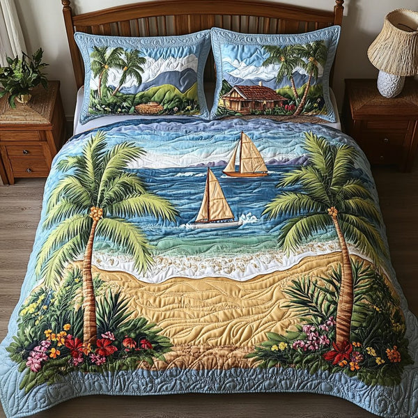 Ocean Breeze quilted 3-piece bedding set on a made bed in a light coastal bedroom