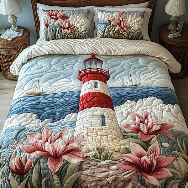 Ocean Breeze quilted 3-piece bedding set on a made bed in a light coastal bedroom