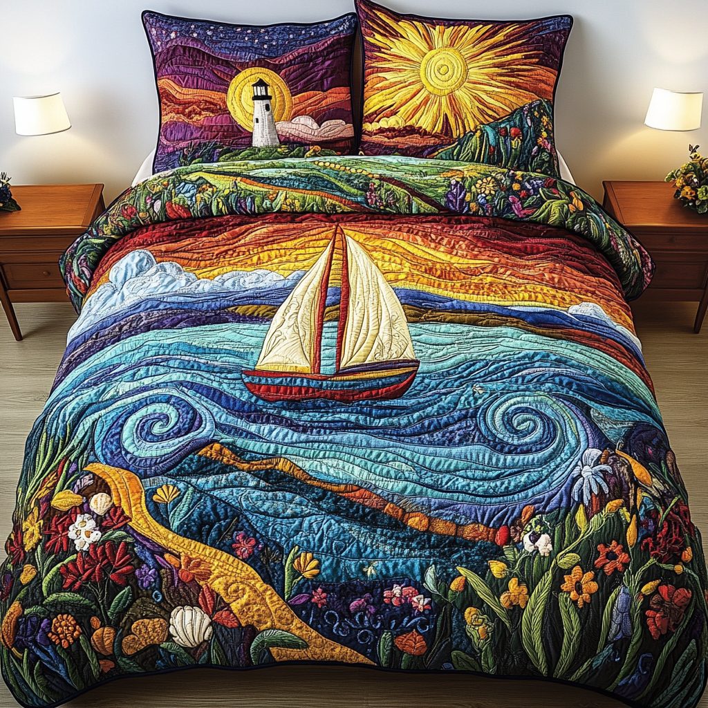 Ocean Breeze quilted 3-piece bedding set on a made bed in a light coastal bedroom