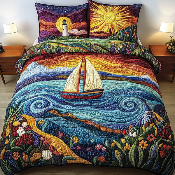 Ocean Breeze quilted 3-piece bedding set on a made bed in a light coastal bedroom