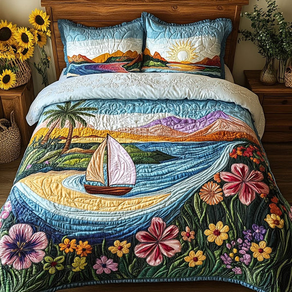 Ocean Breeze quilted 3-piece bedding set on a made bed in a light coastal bedroom