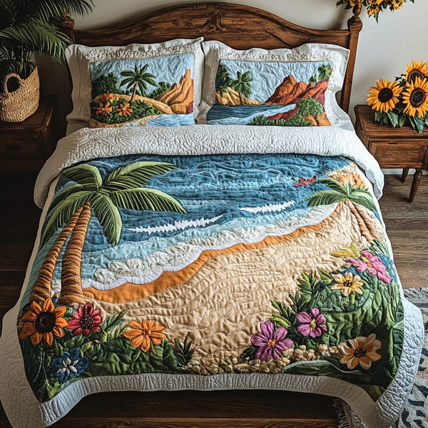 Ocean Breeze quilted 3-piece bedding set on a made bed in a light coastal bedroom