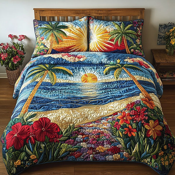 Ocean Breeze quilted 3-piece bedding set on a made bed in a light coastal bedroom