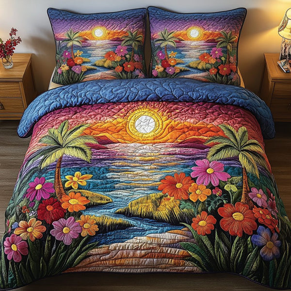 Ocean Breeze quilted 3-piece bedding set on a made bed in a light coastal bedroom