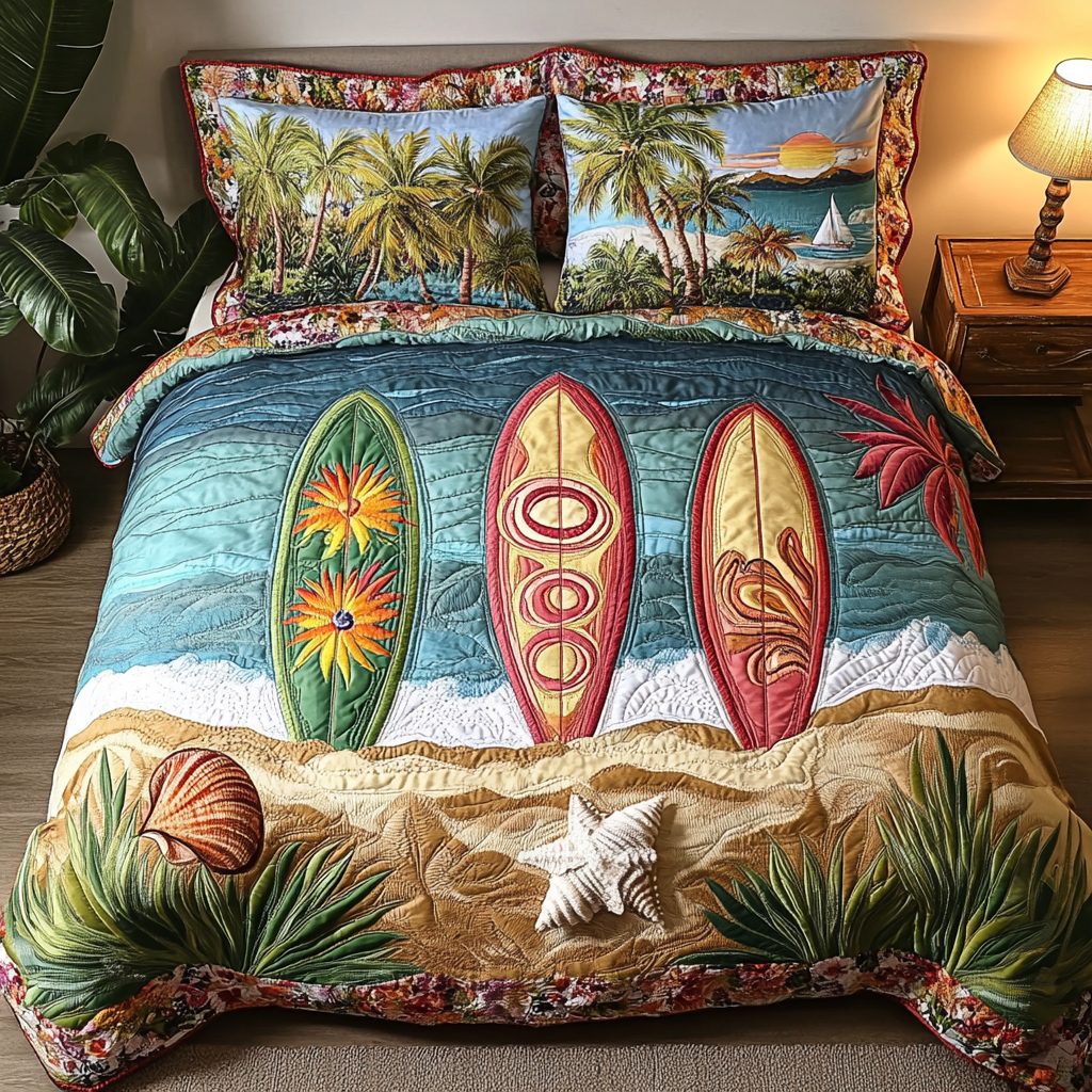 Ocean Breeze quilted 3-piece bedding set on a made bed in a light coastal bedroom