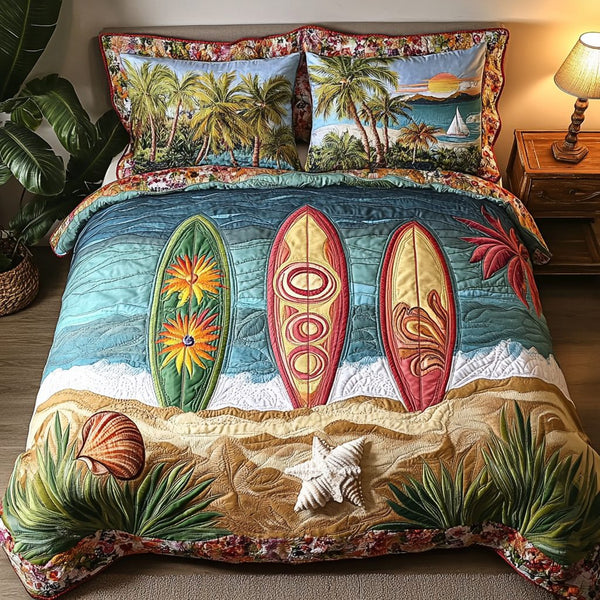 Ocean Breeze quilted 3-piece bedding set on a made bed in a light coastal bedroom