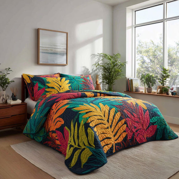 Ocean Breeze quilted 3-piece bedding set on a made bed in a light coastal bedroom