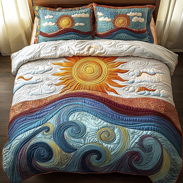 Ocean Breeze quilted 3-piece bedding set on a made bed in a light coastal bedroom