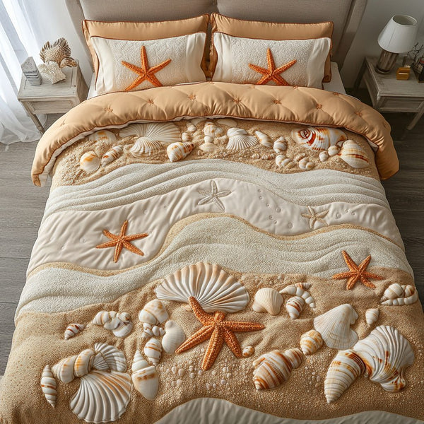 Ocean Breeze Retreat quilted 3-piece bedding set on a made bed in a light coastal bedroom