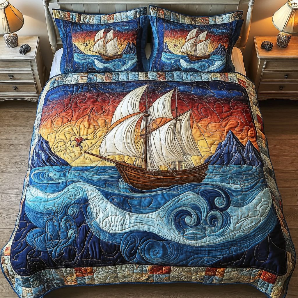 Ocean Breeze Sailboat quilted 3-piece bedding set on a made bed in a light coastal bedroom