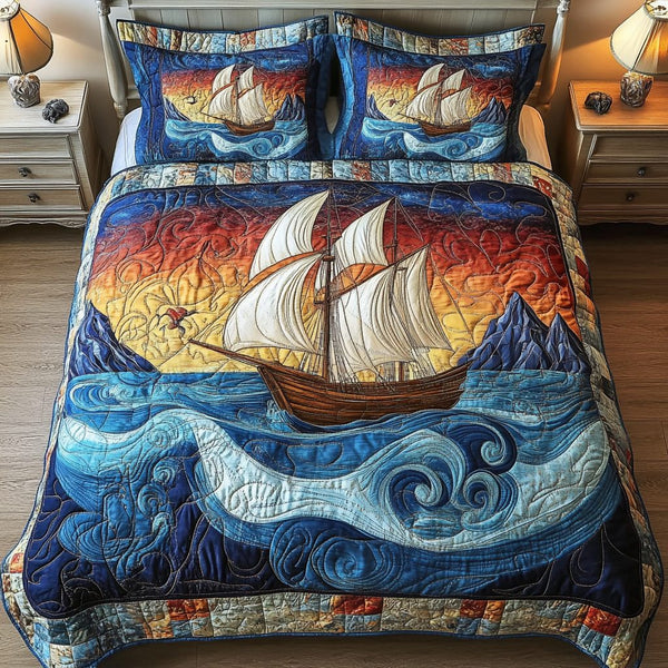 Ocean Breeze Sailboat quilted 3-piece bedding set on a made bed in a light coastal bedroom