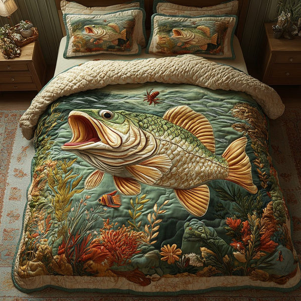 Ocean Call quilted 3-piece bedding set on a made bed in a light coastal bedroom