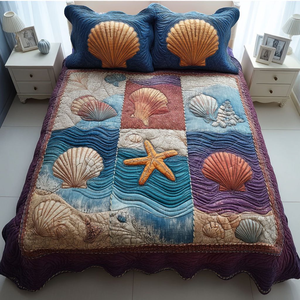 Ocean Calm quilted 3-piece bedding set on a made bed in a light coastal bedroom