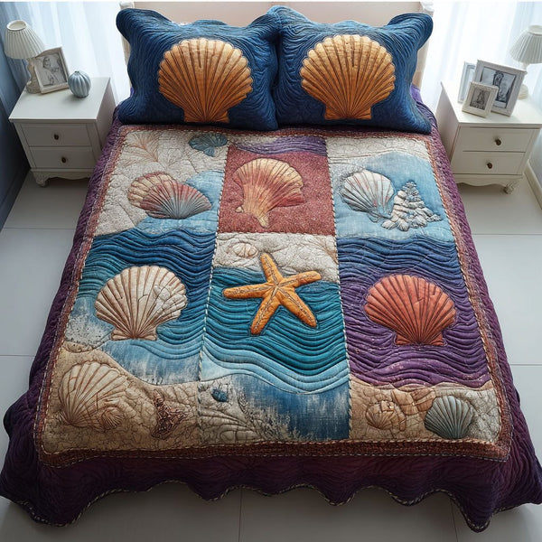 Ocean Calm quilted 3-piece bedding set on a made bed in a light coastal bedroom