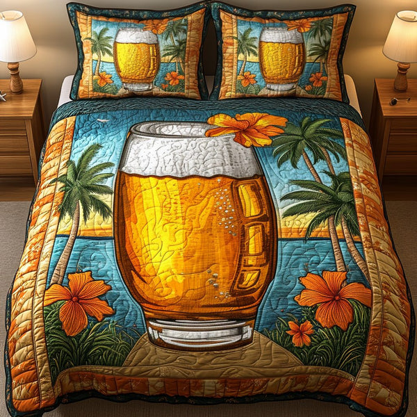 Ocean Cheers quilted 3-piece bedding set on a made bed in a light coastal bedroom