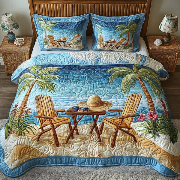 Ocean Chill quilted 3-piece bedding set on a made bed in a light coastal bedroom