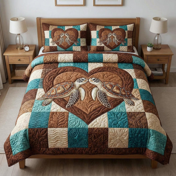 Ocean Companions quilted 3-piece bedding set on a made bed in a light coastal bedroom