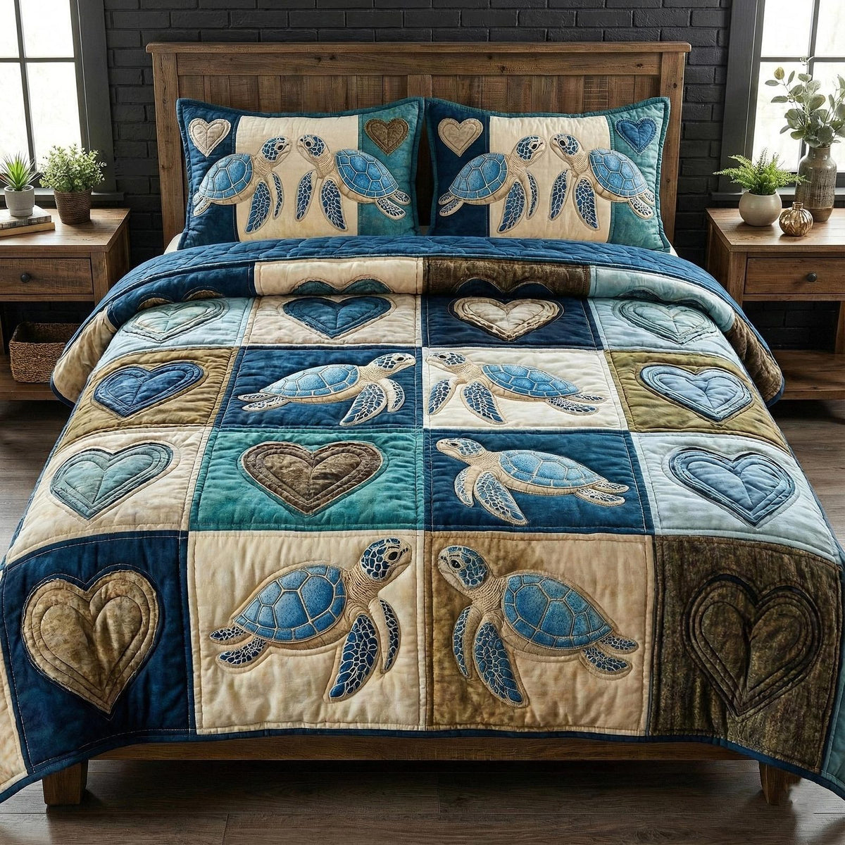 Ocean Companions quilted 3-piece bedding set on a made bed in a light coastal bedroom