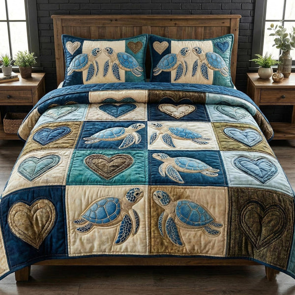 Ocean Companions quilted 3-piece bedding set on a made bed in a light coastal bedroom