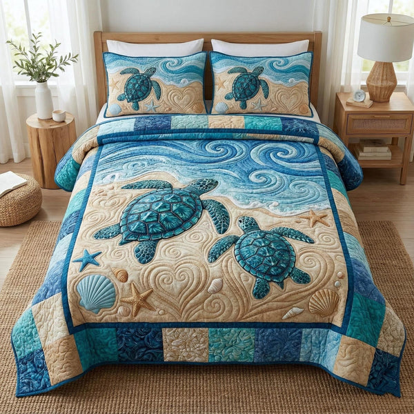 Ocean Companions quilted 3-piece bedding set on a made bed in a light coastal bedroom
