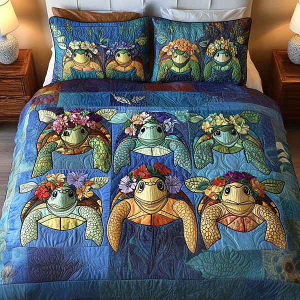 Ocean Companions quilted 3-piece bedding set on a made bed in a light coastal bedroom