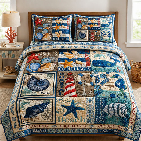 Ocean Creatures quilted 3-piece bedding set on a made bed in a light coastal bedroom