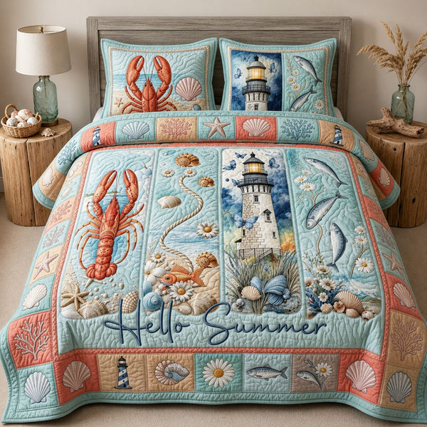 Ocean Creatures quilted 3-piece bedding set on a made bed in a light coastal bedroom