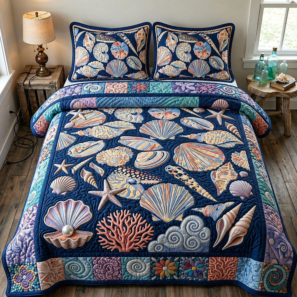 Ocean Creatures quilted 3-piece bedding set on a made bed in a light coastal bedroom