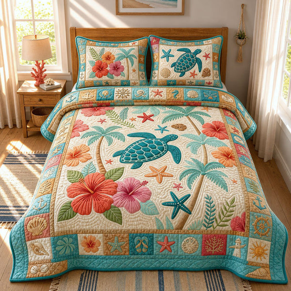 Ocean Creatures quilted 3-piece bedding set on a made bed in a light coastal bedroom